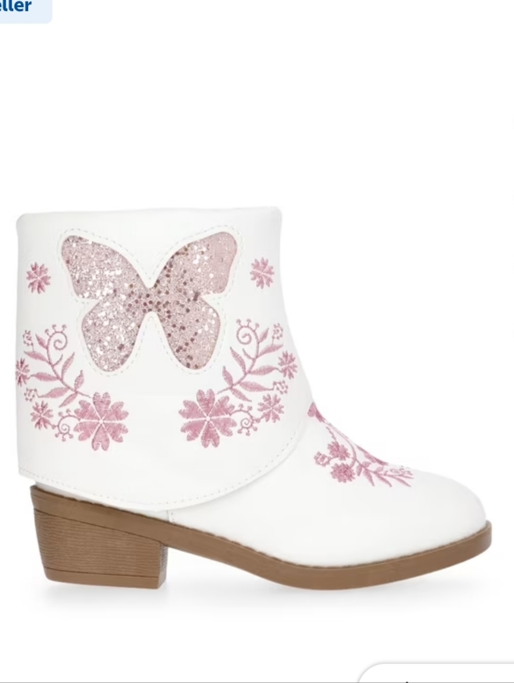 PAWZ White Kids Boots with Pink Glitter Butterfly